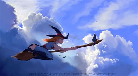 Cartoon with witches soaring through the skies